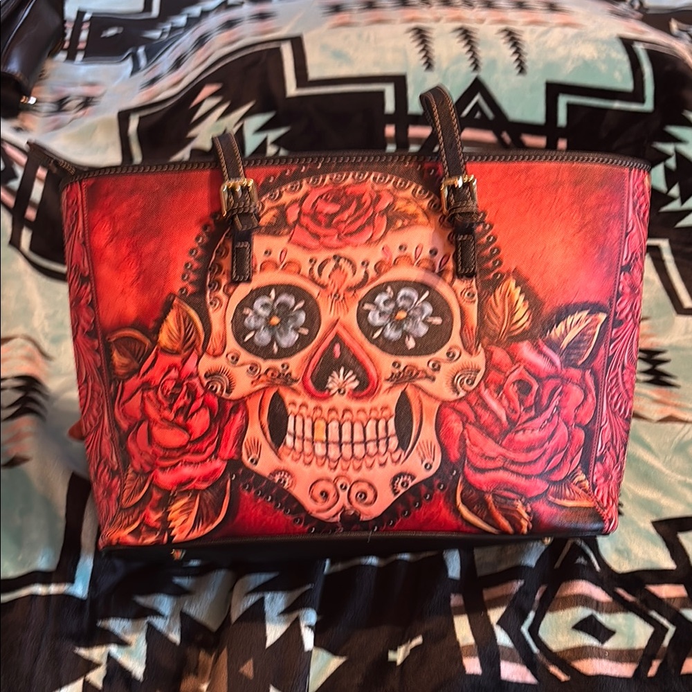 Red Skull and Roses Tote Bag